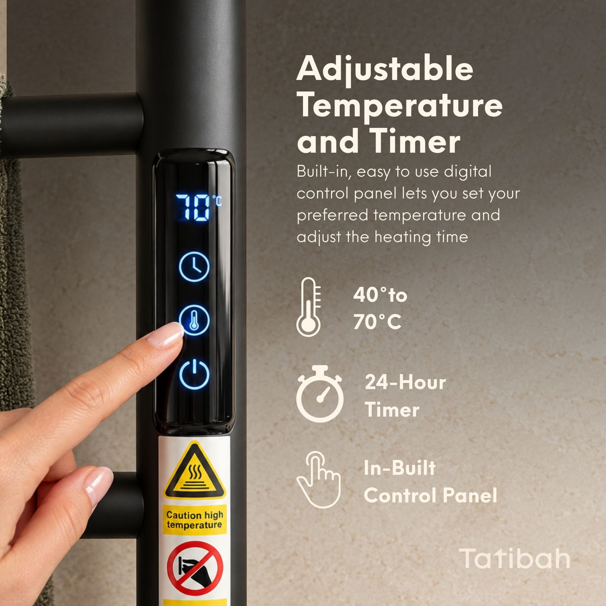 Tatibah 4 Bar Heated Towel Rack Electric Warming Rails + Timer Matte Black