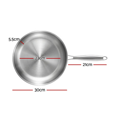 5-Star Chef 30cm Stainless Steel Frying Pan Uncoated Frypan with Tri-Ply Body Silver