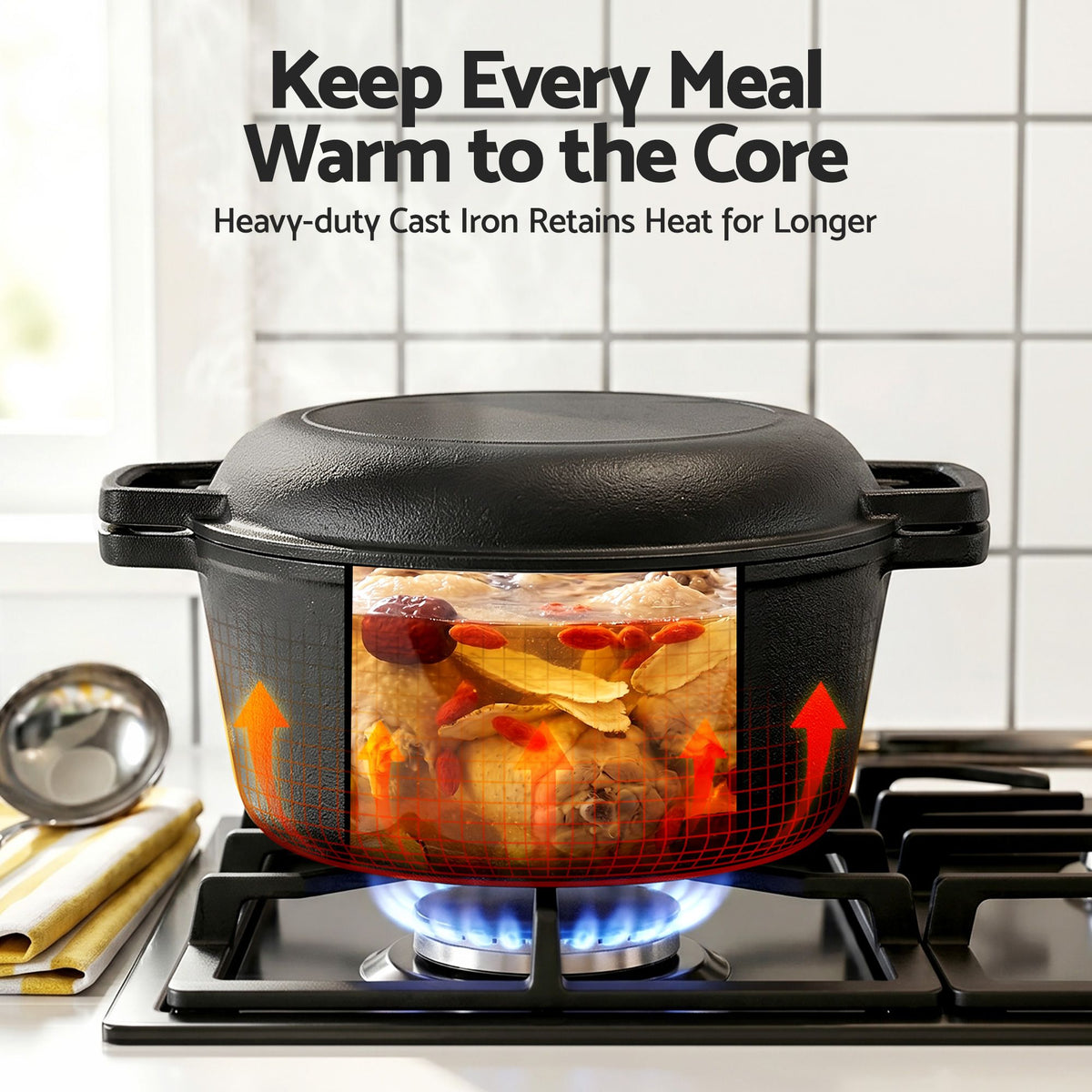 5-Star Chef 5L 2-In-1 Pre-Seasoned Cast Iron Dutch Oven Pot with Lid and Dual Handles for Sourdough Bread Baking