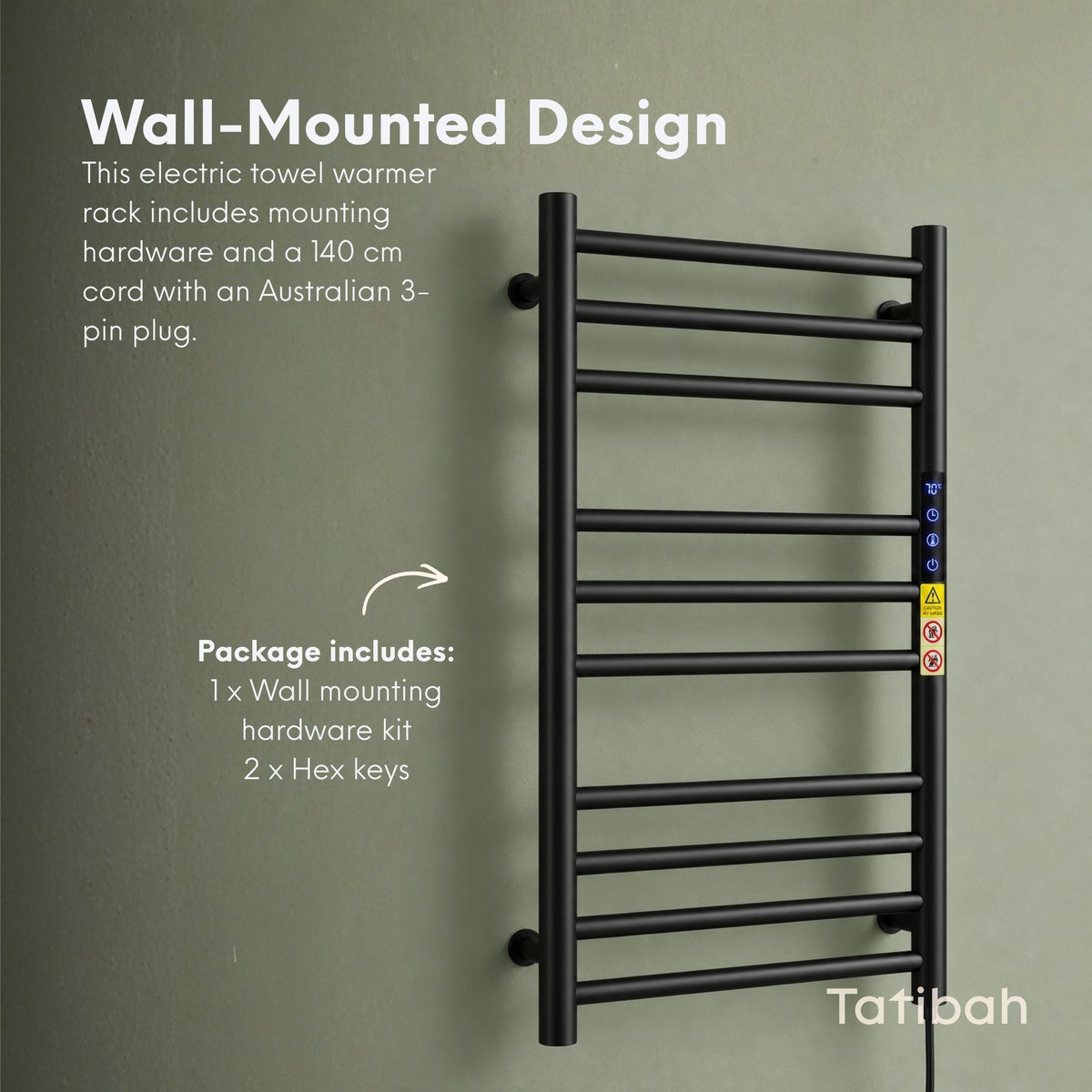Tatibah 10 Bar Heated Towel Rack Electric Warming Rails + Timer Matte Black
