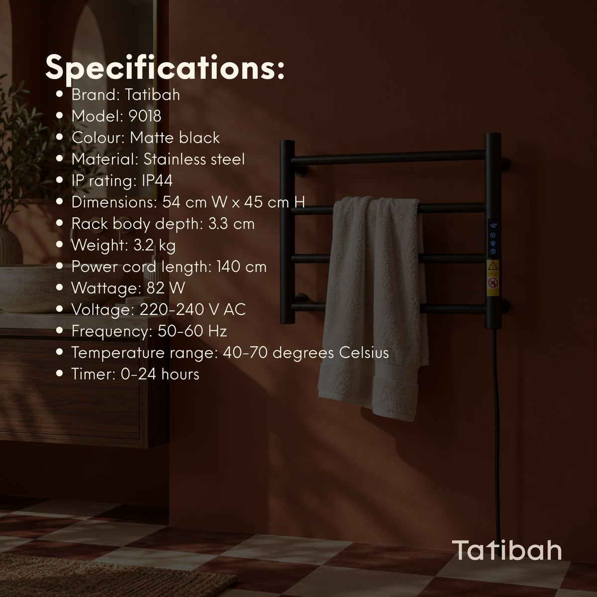 Tatibah 4 Bar Heated Towel Rack Electric Warming Rails + Timer Matte Black