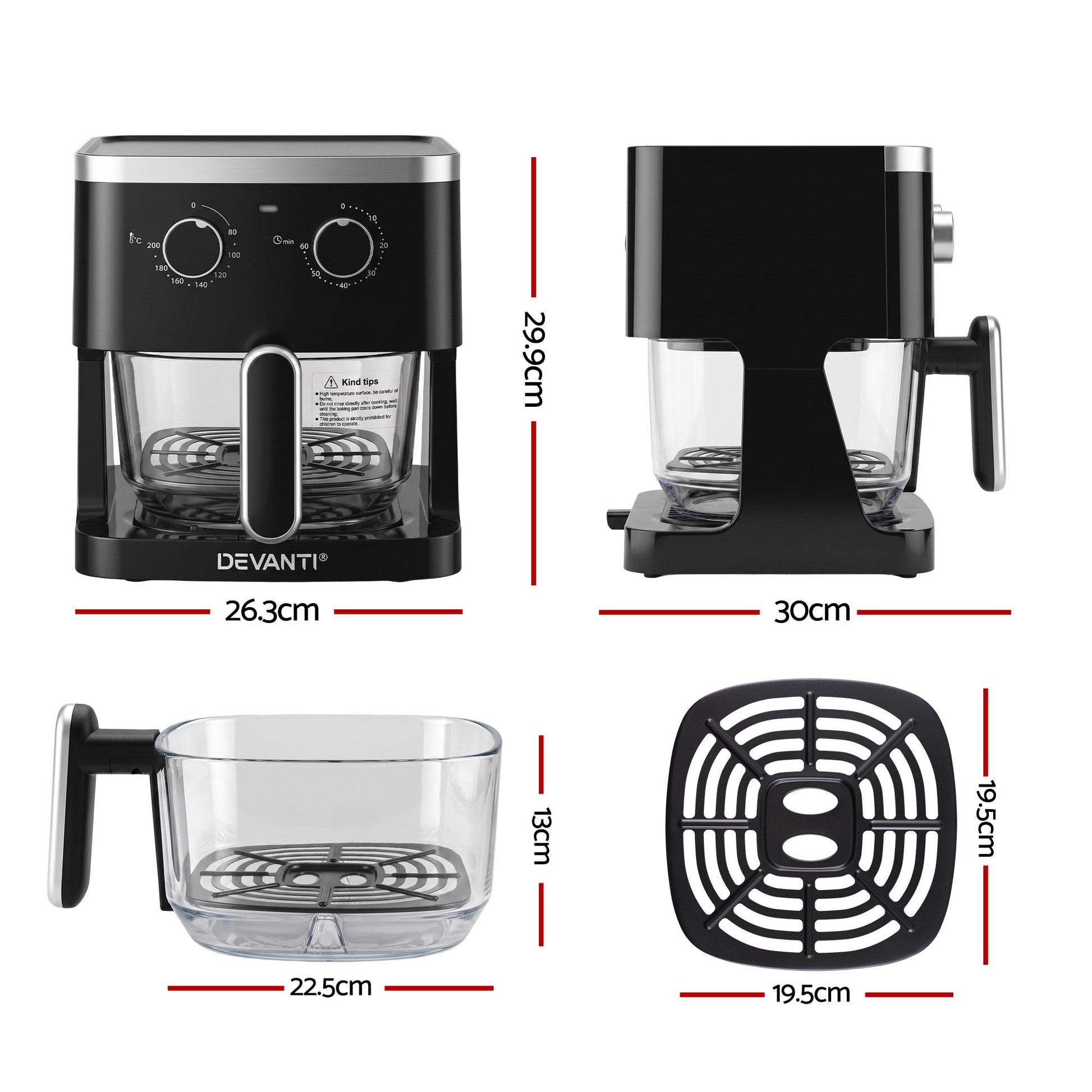 Devanti 4.5L Glass Air Fryer Kitchen Oven Knob Control 1350W Healthy Cooker Black