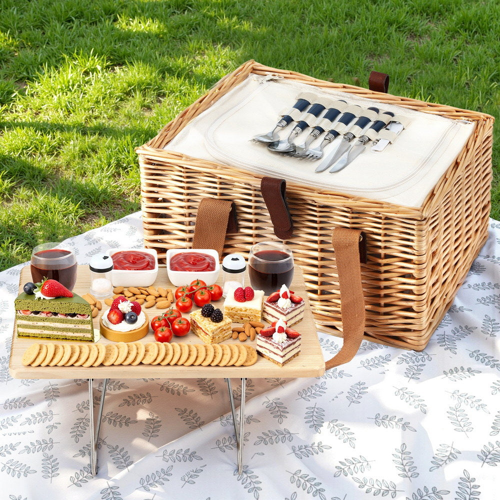 Alfresco 2 Person Picnic Basket Set with Table Blanket Cooler Wooden Insulated