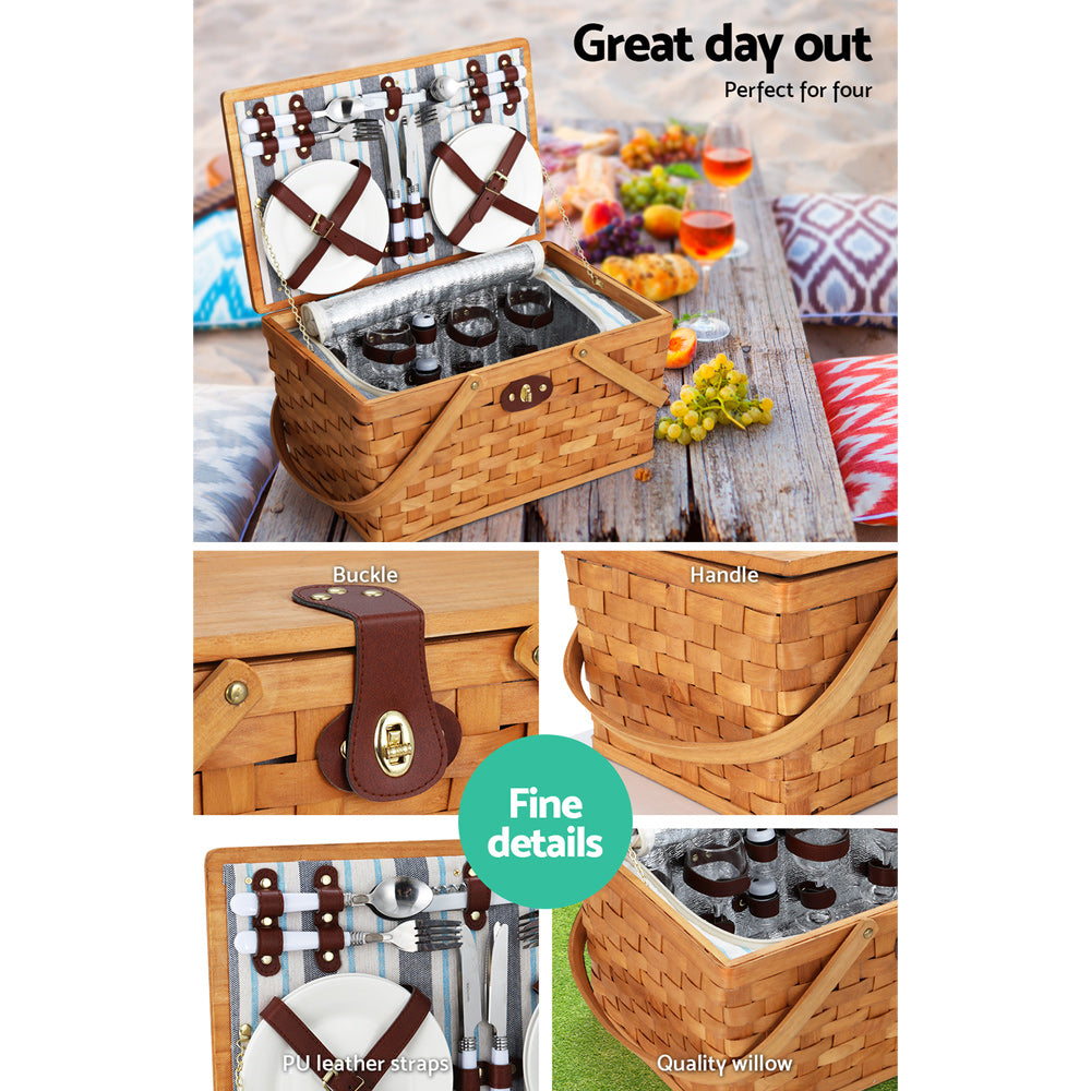 Alfresco 4 Person Picnic Basket Set Wooden Blanket Cooler Bag Outdoor Insulated