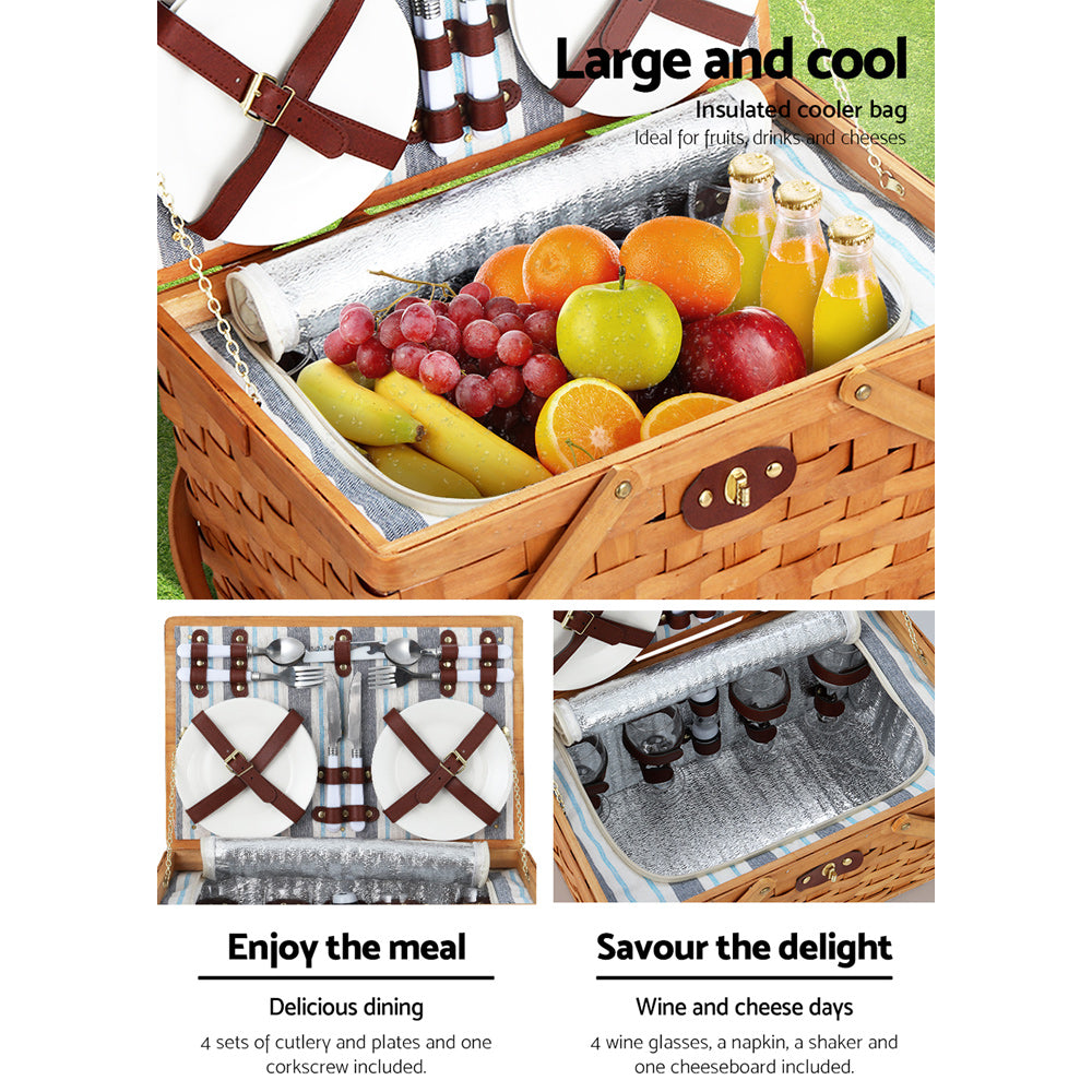 Alfresco 4 Person Picnic Basket Set Wooden Blanket Cooler Bag Outdoor Insulated