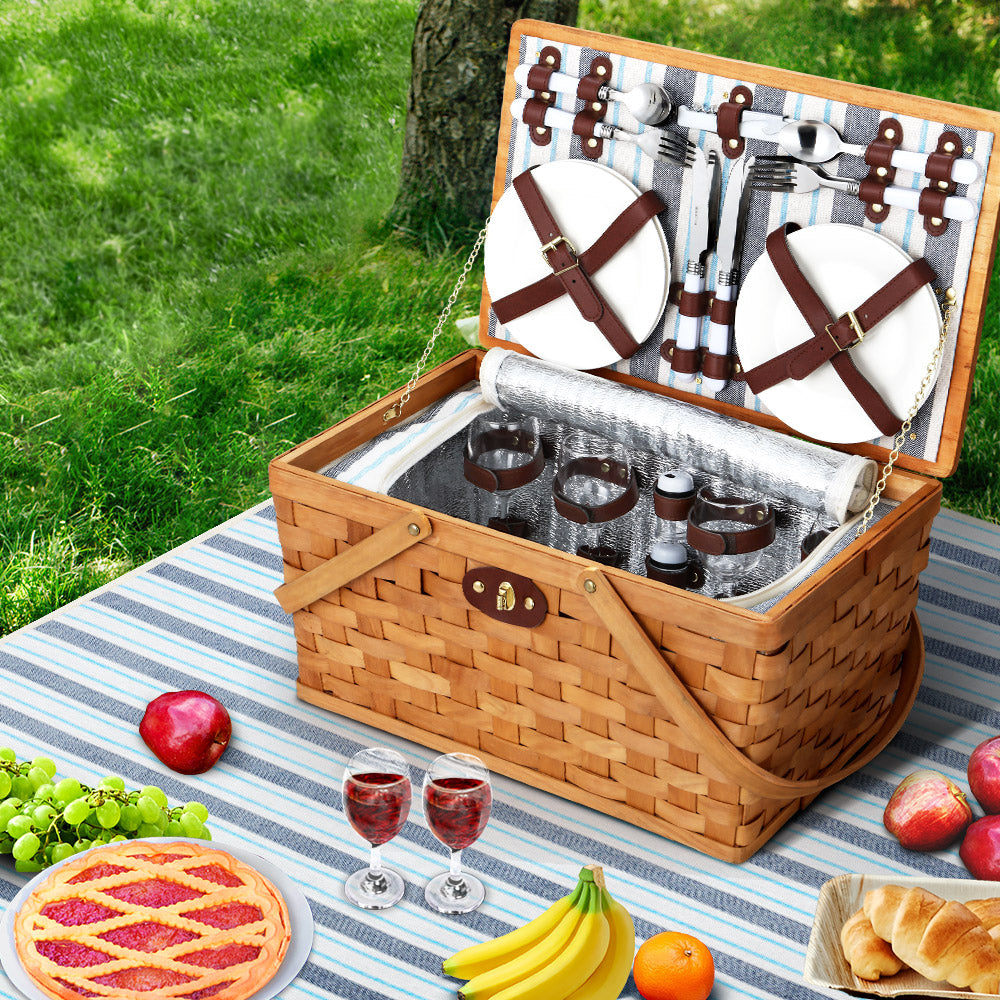 Alfresco 4 Person Picnic Basket Set Wooden Blanket Cooler Bag Outdoor Insulated
