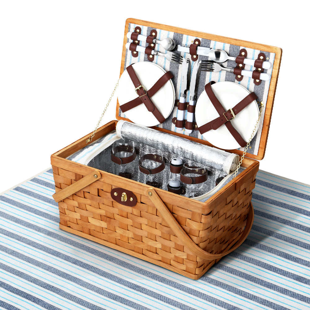 Alfresco 4 Person Picnic Basket Set Wooden Blanket Cooler Bag Outdoor Insulated