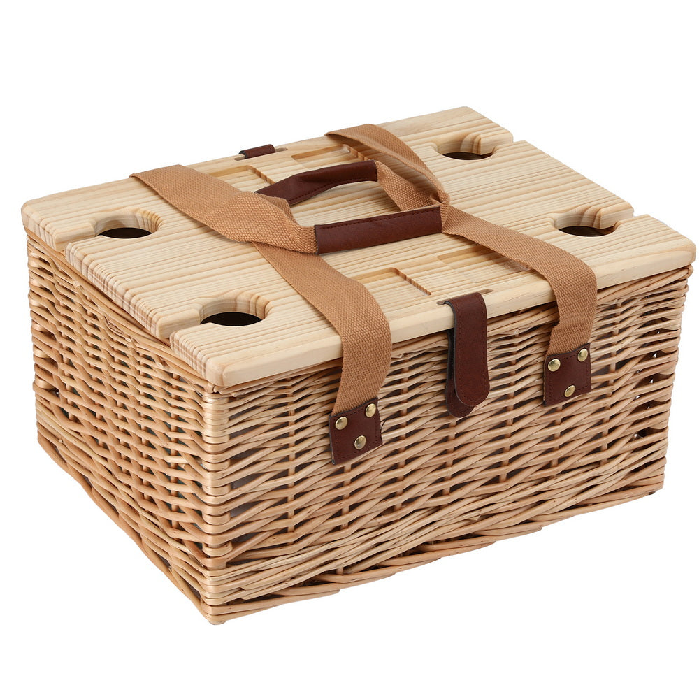 Alfresco 4 Person Picnic Basket Set with Table Blanket Cooler Wooden Insulated