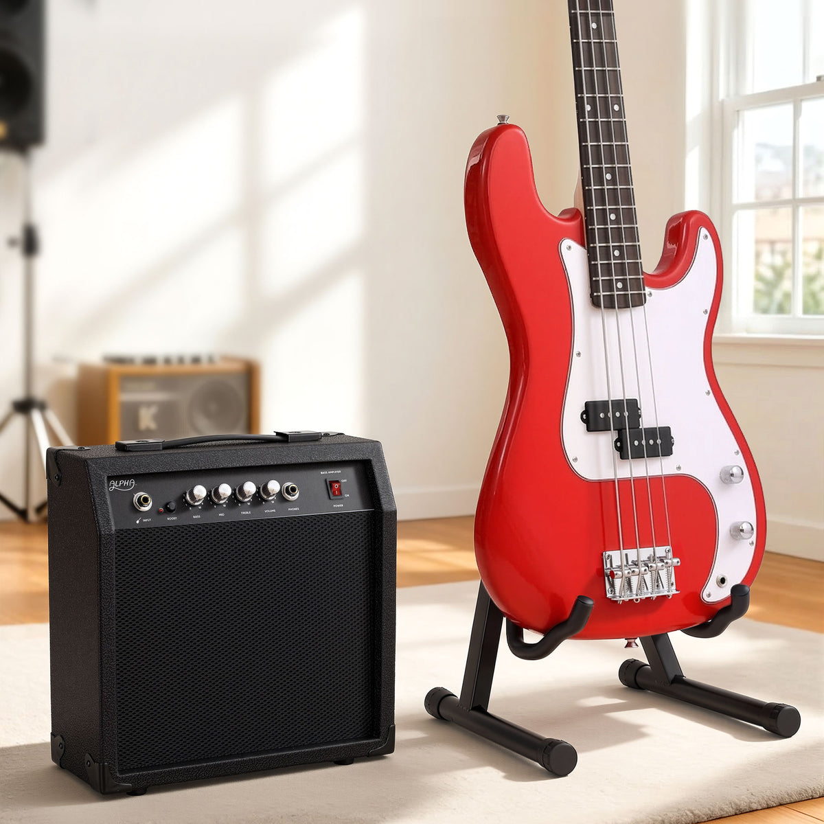 Alpha Electric Guitar Bass 47 Inch Set Kit 40W Bass Guitar Amplifier Guitar Stand Folding