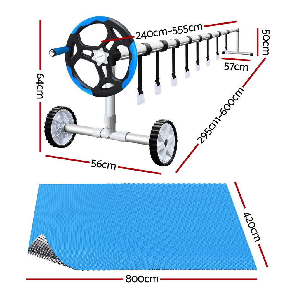 Aquabuddy Pool Cover 500 Micron 8x4.2m Silver Swimming Pool Solar Blanket 5.5m Blue Roller