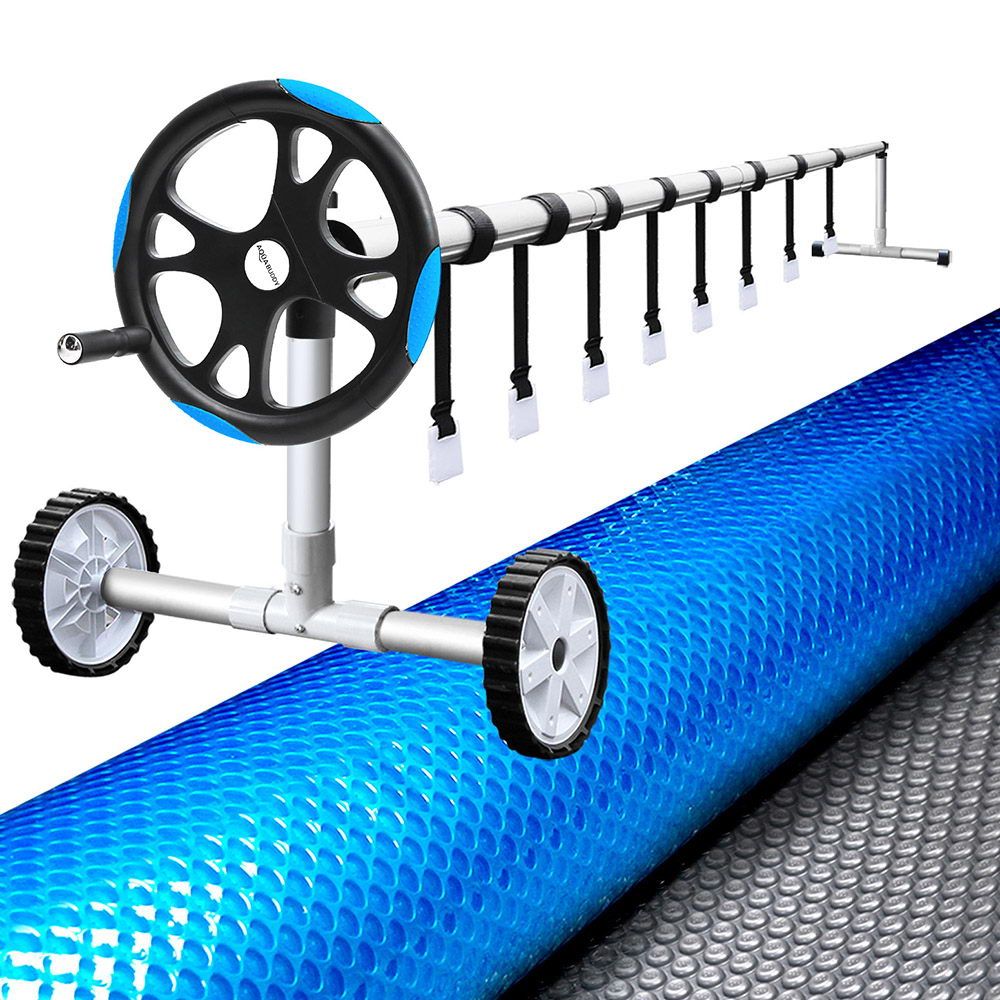 Aquabuddy Pool Cover 500 Micron 8x4.2m Silver Swimming Pool Solar Blanket 5.5m Blue Roller
