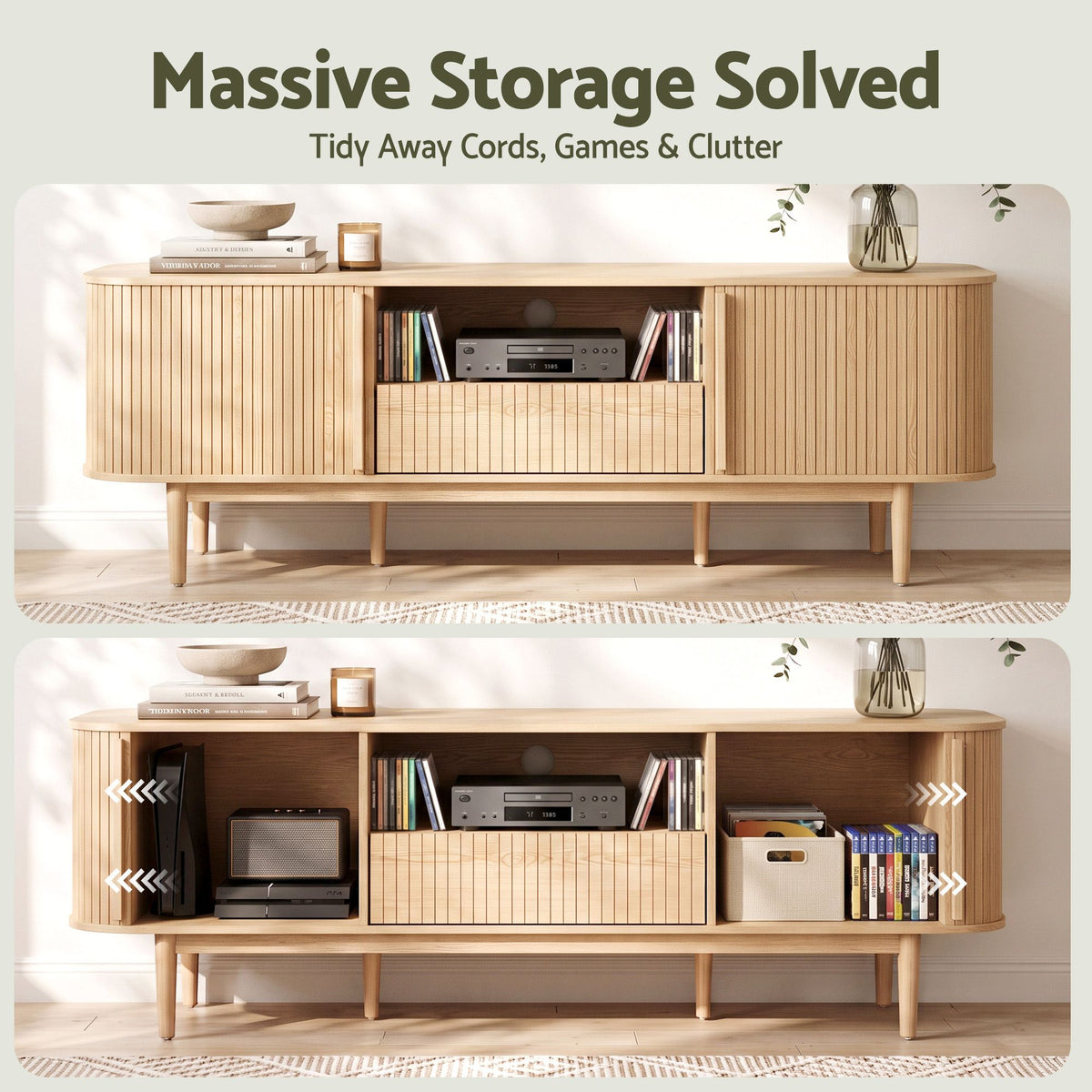 Artiss 160cm TV Unit Storage Drawer Curved Edge Sliding Fluted Style Door Pine