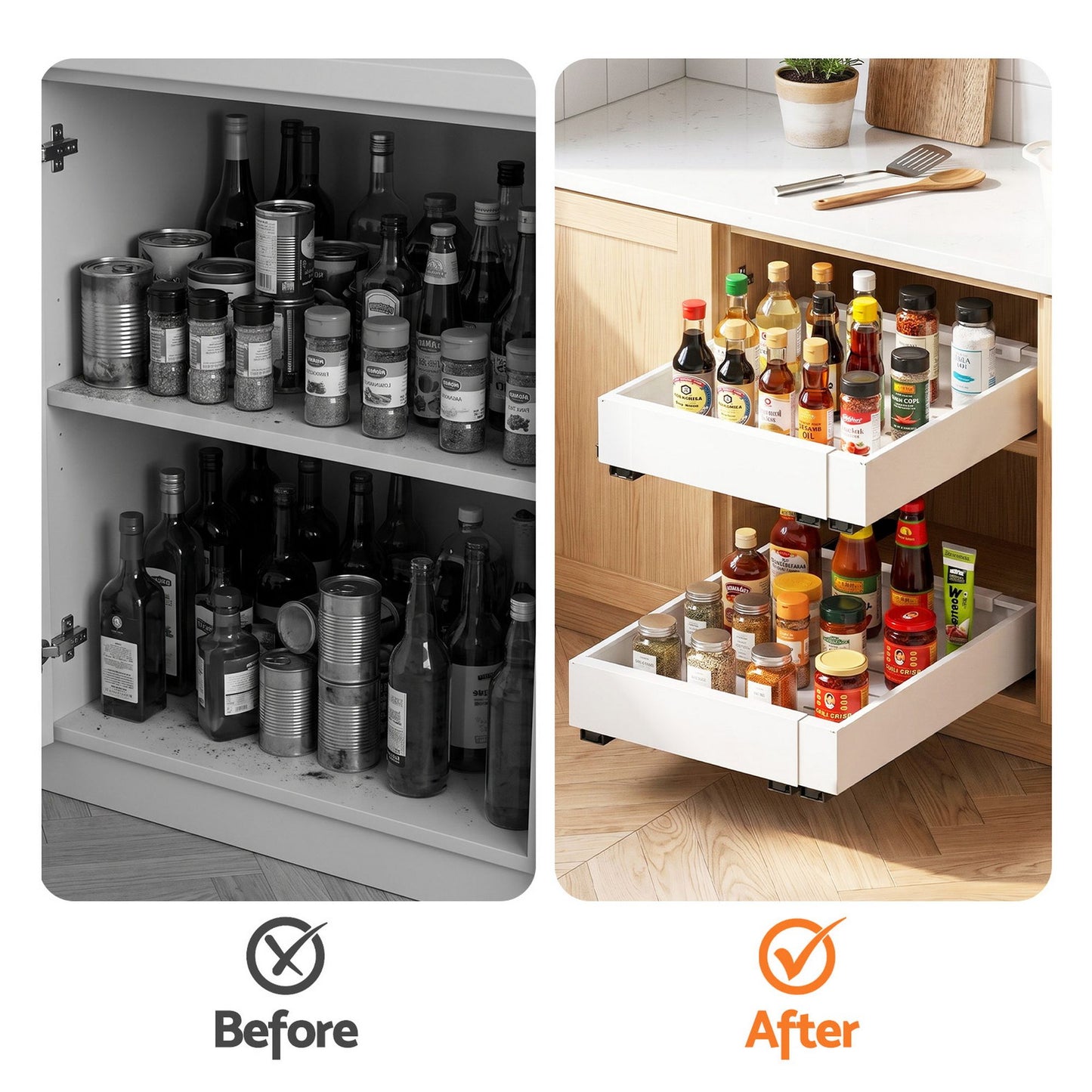 Artiss 2 Pack Pull Out Drawers for Cabinets Expandable Cabinet Organizer White