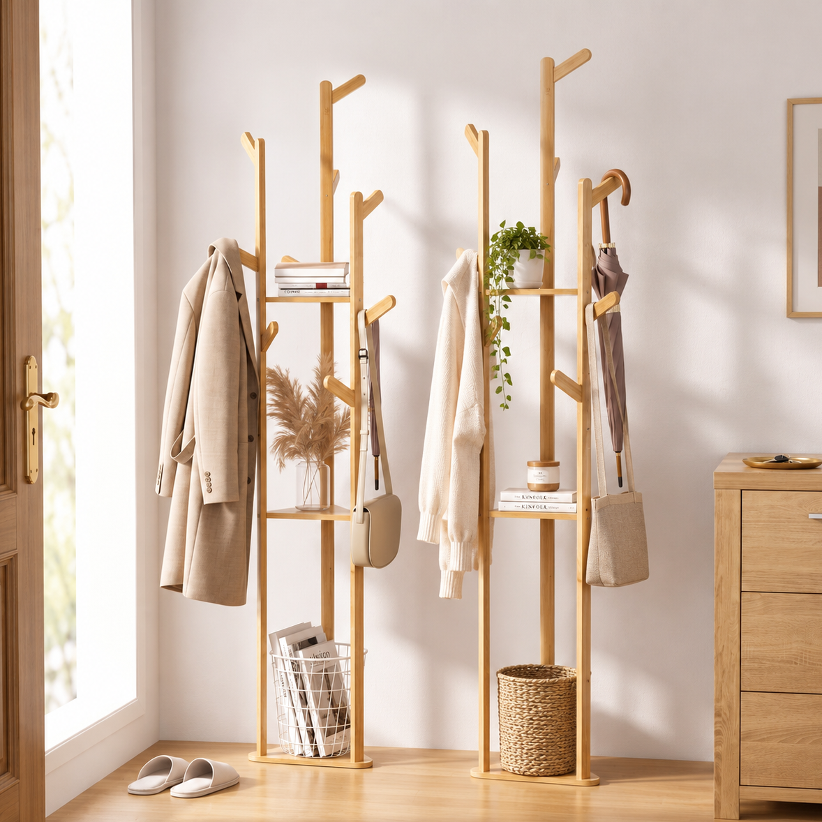 Artiss 2X Clothes Rack Airer Coat Stand 9 Hooks Bamboo