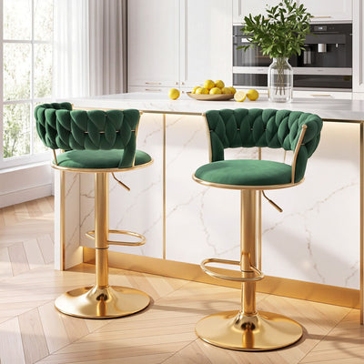 Artiss 2x Bar Stools Gas Lift Adjustable Velvet Woven Backrest Vivien Green
