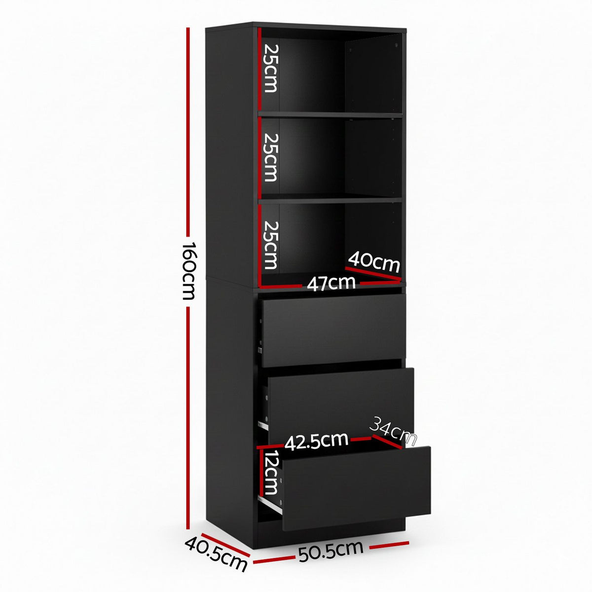 Artiss 2x Chest of 3 Drawers Tallboy Cabinet Black