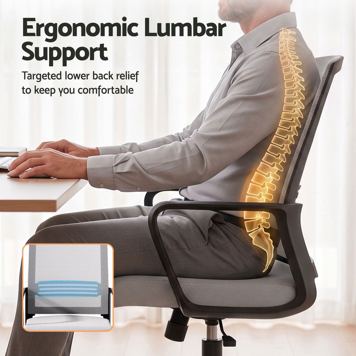 Artiss 2x Ergonomic Office Chair Mesh Mid Back Home Office Desk Chairs with Lumbar Support Grey