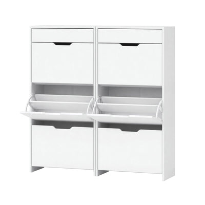 Artiss 2x Shoe Cabinet Organiser 3 Flip Drawer High Gloss White