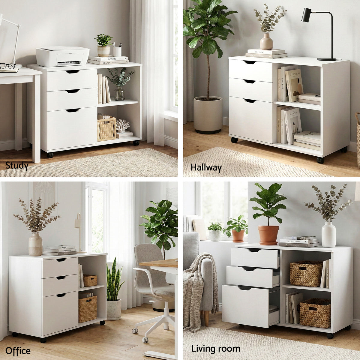 Artiss 3 Drawer Mobile Filing Cabinet Printer Stand Cabinet Home Office Storage White