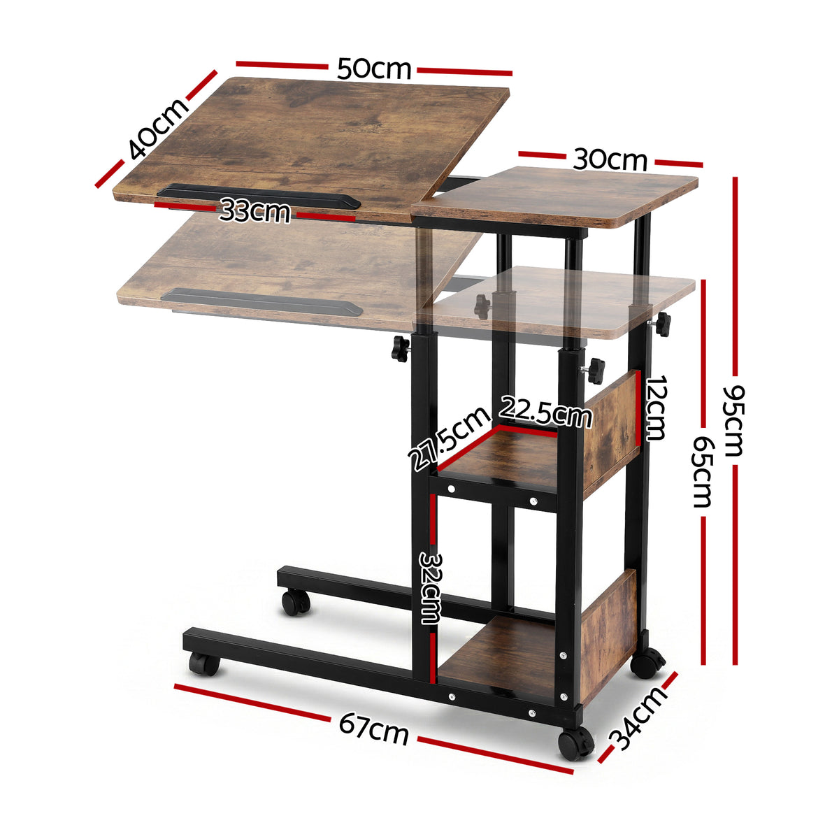 Artiss 3 Tier Adjustable Laptop Desk Tiltable Mobile Side Table Wheels