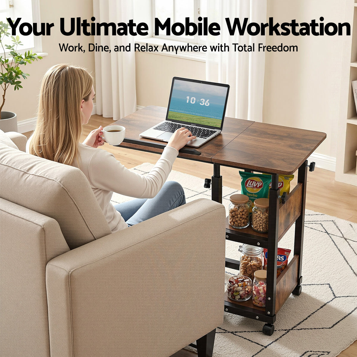 Artiss 3 Tier Adjustable Laptop Desk Tiltable Mobile Side Table Wheels