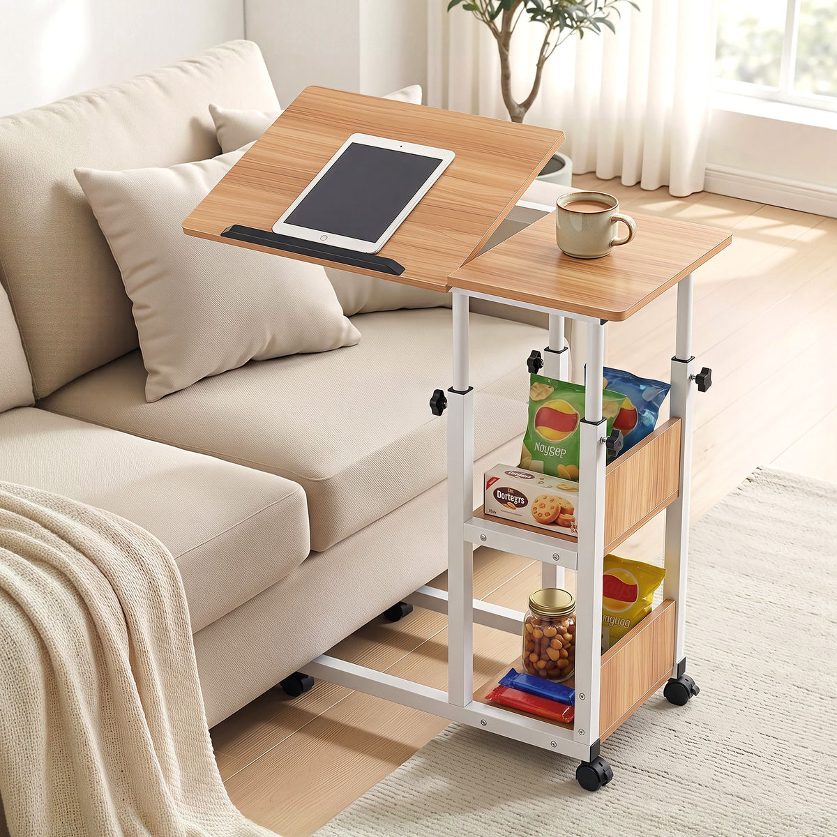 Artiss 3 Tier Adjustable Laptop Desk Tiltable Mobile Side Table Wheels Oak