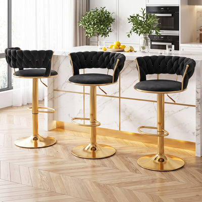Artiss 3x Bar Stools Gas Lift Adjustable Velvet Woven Backrest Vivien Black