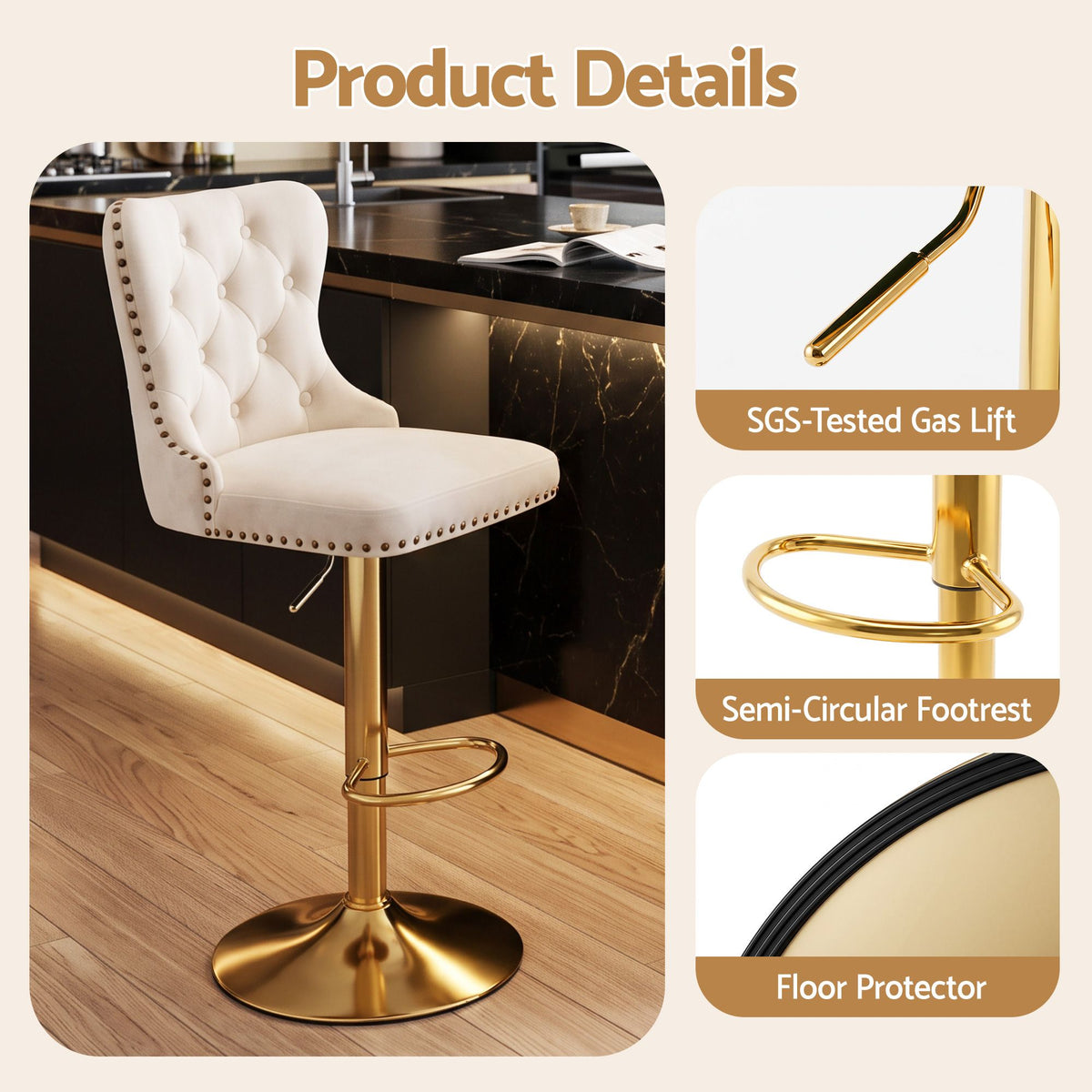 Artiss 4x Bar Stools Counter Chair Kitchen Adjustable Nailhead Trim Velvet Ivory
