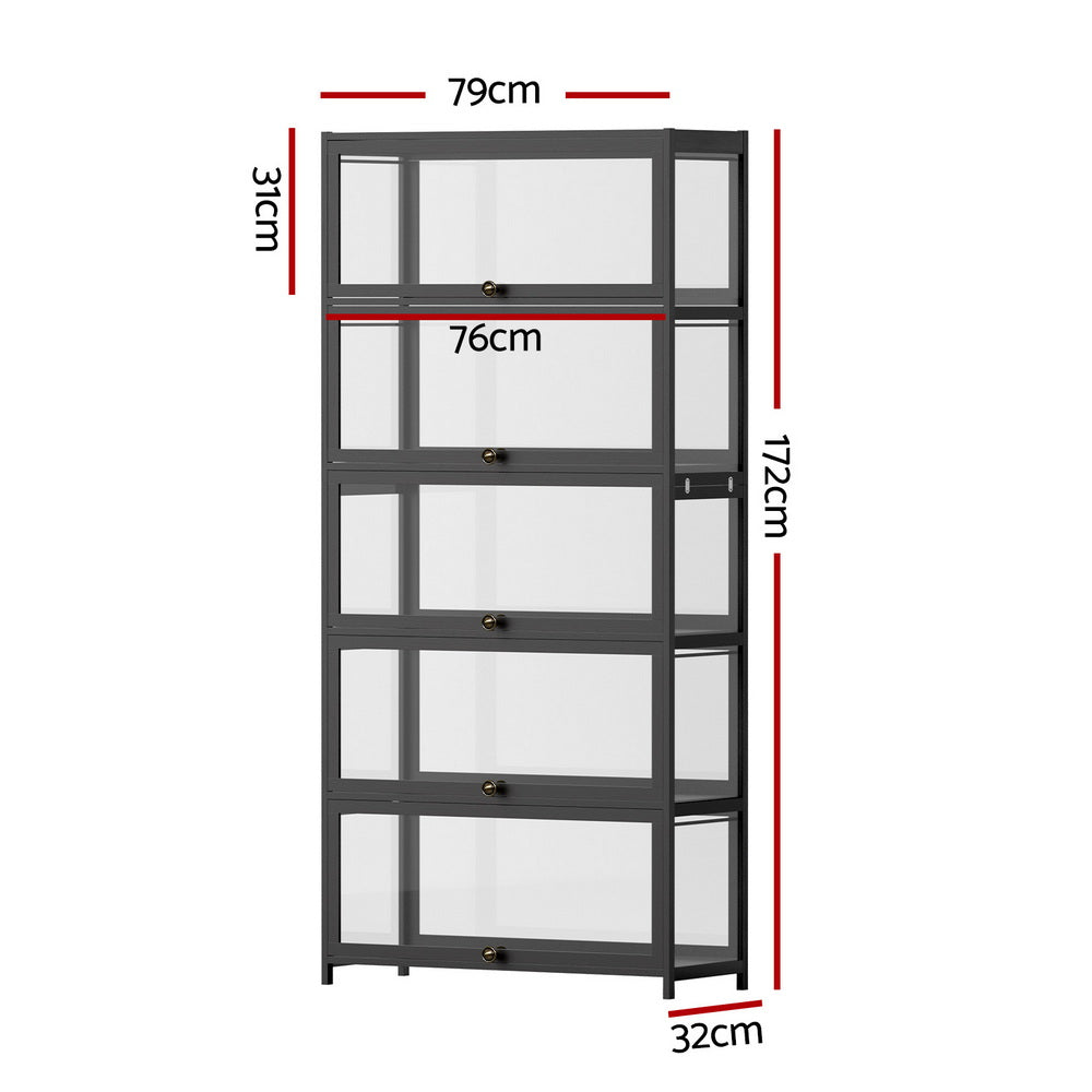 Artiss 5-Tier Display Cabinet Storage Bookshelf Clear Shelf Black