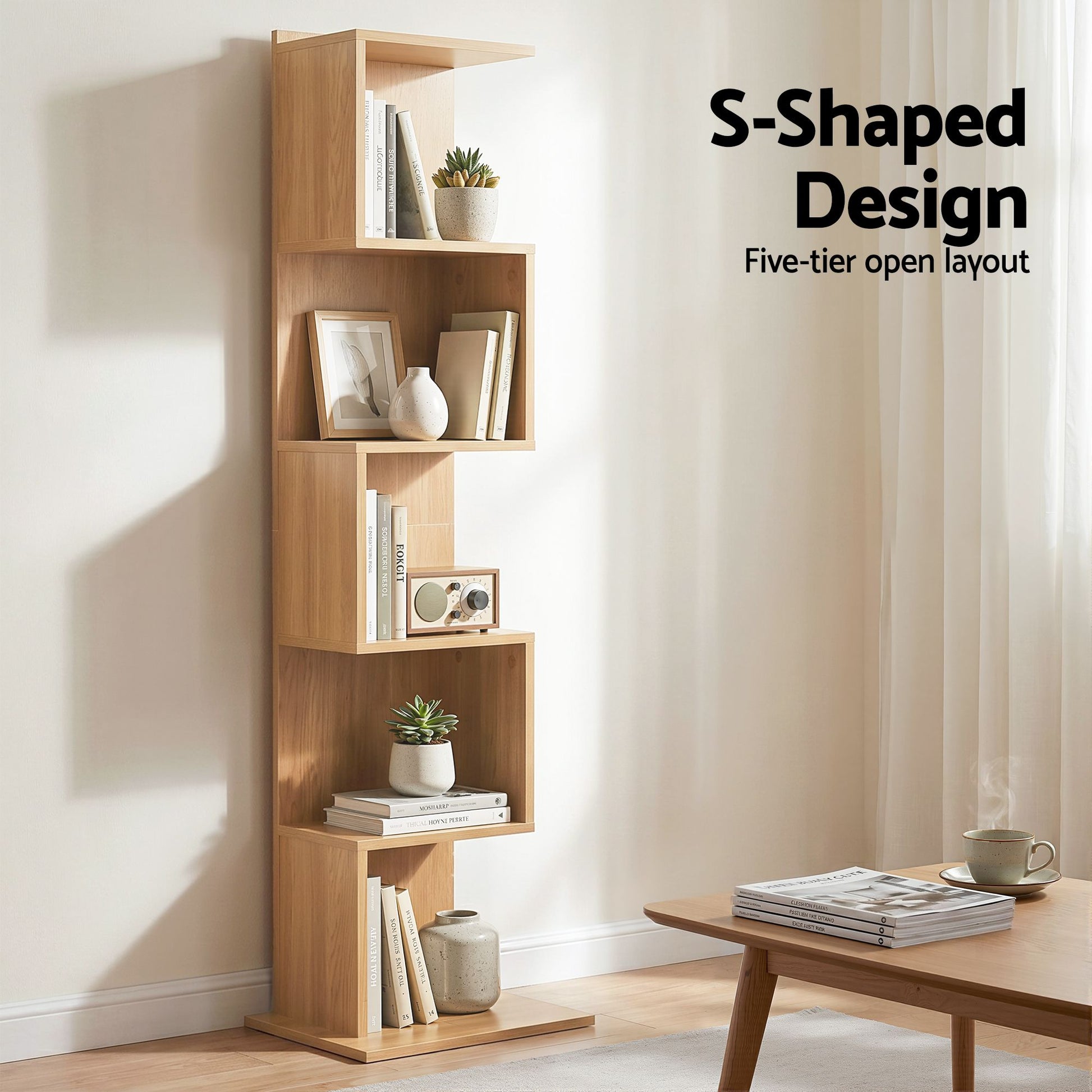 Artiss 5 Tiers Bookshelf S-shaped Bookcase Oak
