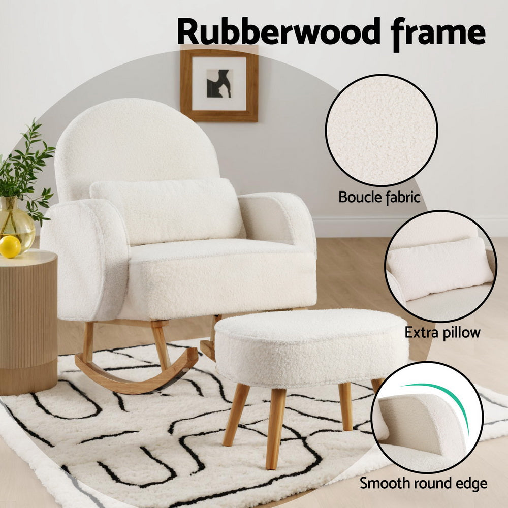 Artiss Armchair Rocking Chair Ottoman Lounge Footrest Round Nursing Boucle White