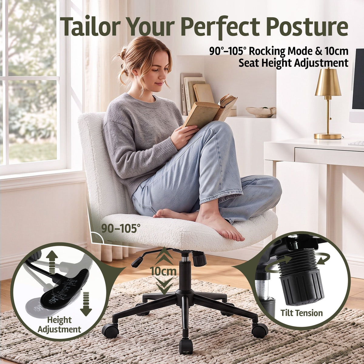 Artiss Armless Cross Legged Office Chair Wide Seat Vanity Chair Teddy Fleece Beige