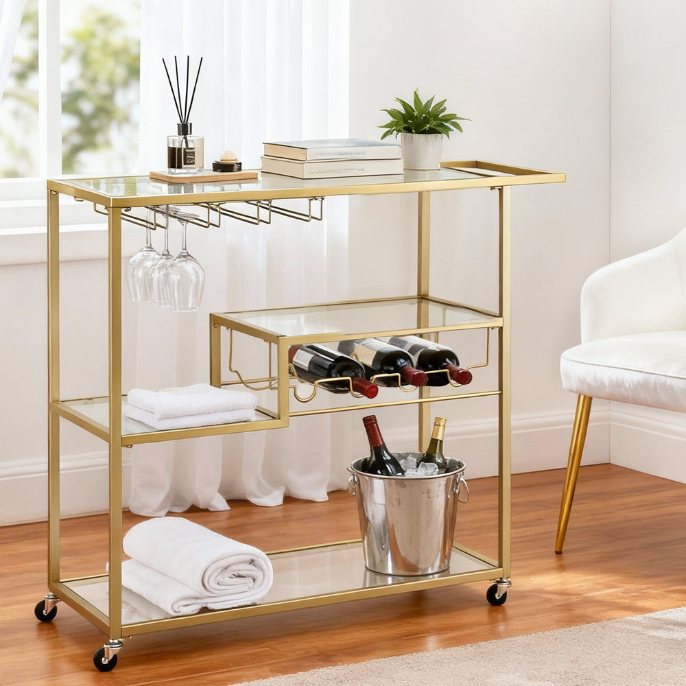 Artiss Bar Cart Drink Trolley Serving Cocktail Wine Rack Glass Holder 102cm Gold