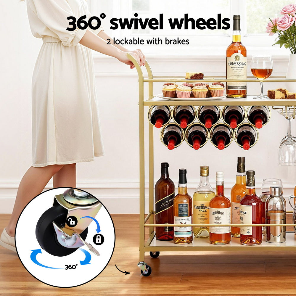 Artiss Bar Cart Drinks Trolley Serving Wine Rack Glass Holder Marble 85cm Gold