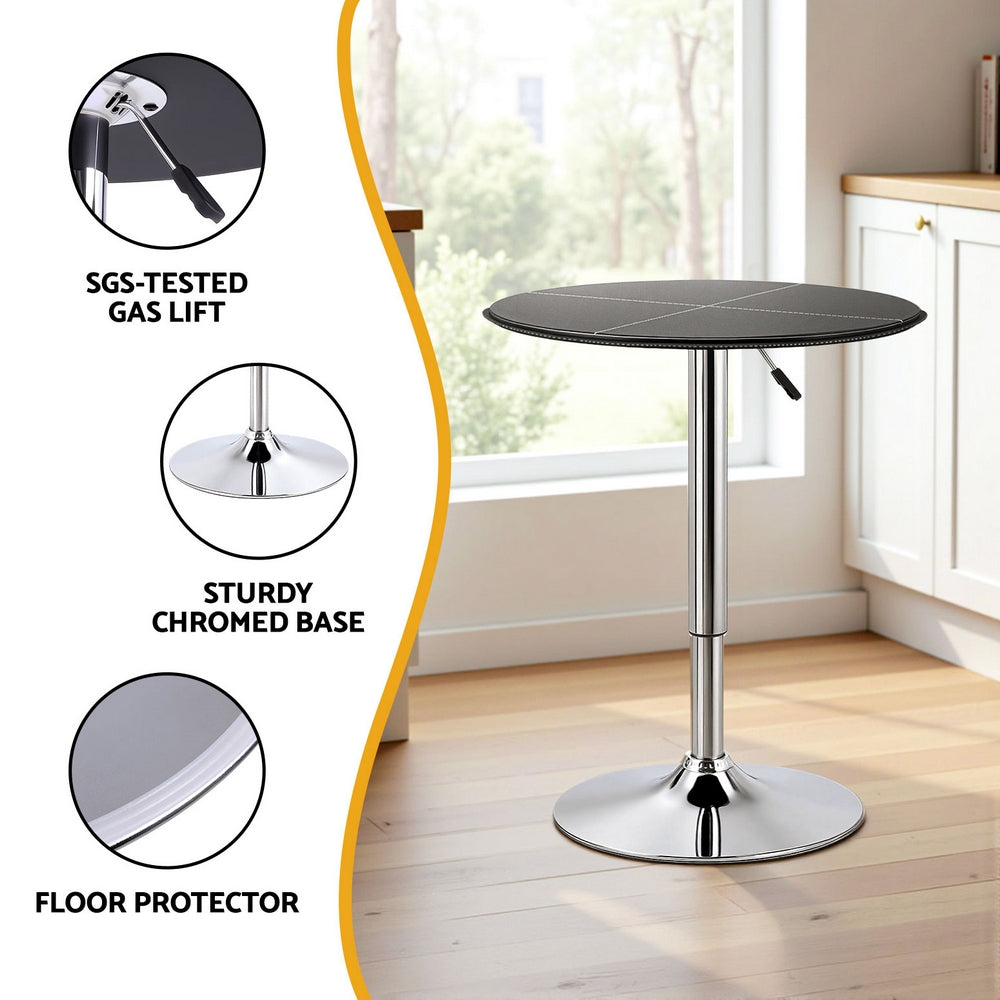 Artiss Bar Table Round Swivel Height Adjustable 62cm Modern PVC Leather Black