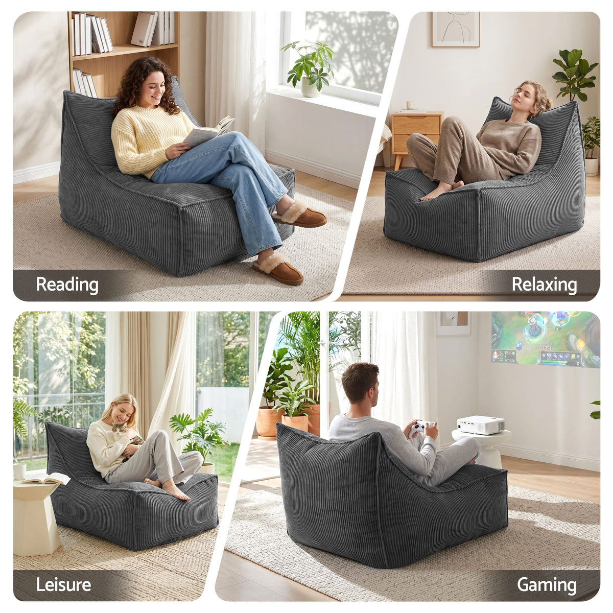 Artiss Bean Bag Chair Cover with Filler Soft Corduroy DIY Stuffed Animal Storage Bean Bag for Adults, Washable Lazy Sofa for Living Room Bedroom, Grey