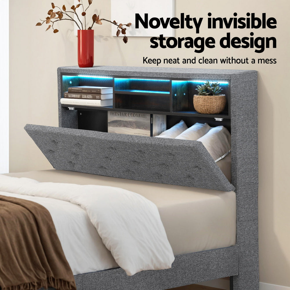 Artiss Bed Frame King Single Size LED Mattress Base Platform with Storage Shelf Hidden Storage Box Grey