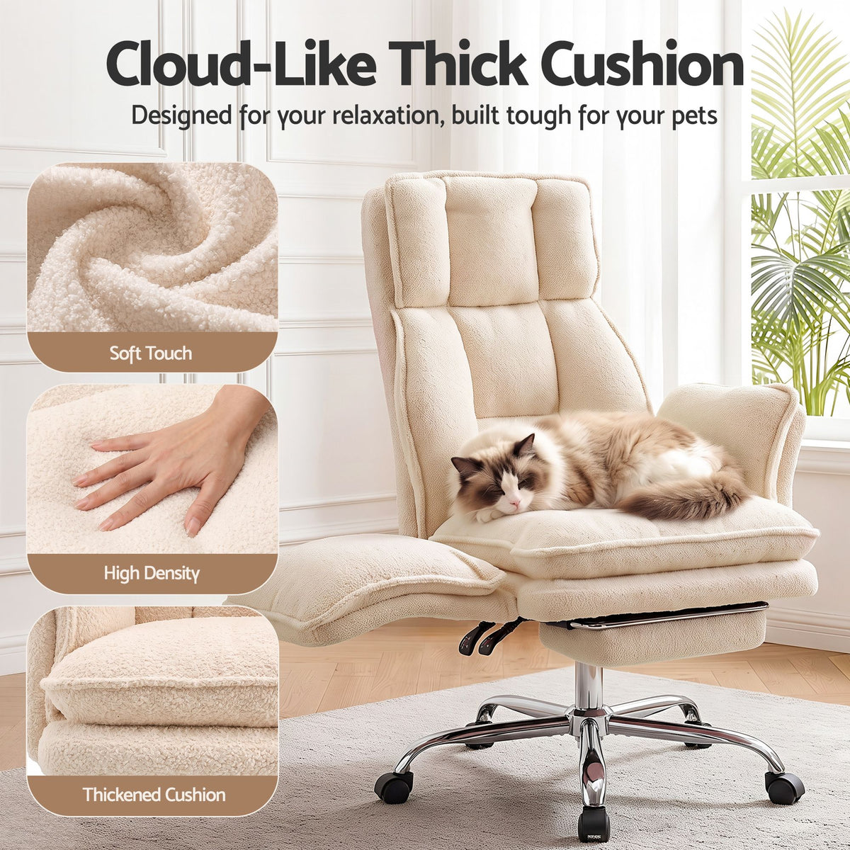 Artiss Big & Tall Criss Cross Office Chair with Flip Armrests Foot Rest Reclining Teddy Fleece Beige
