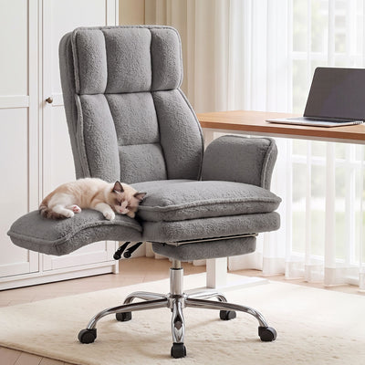 Artiss Big & Tall Criss Cross Office Chair with Flip Armrests Foot Rest Reclining Teddy Fleece Grey