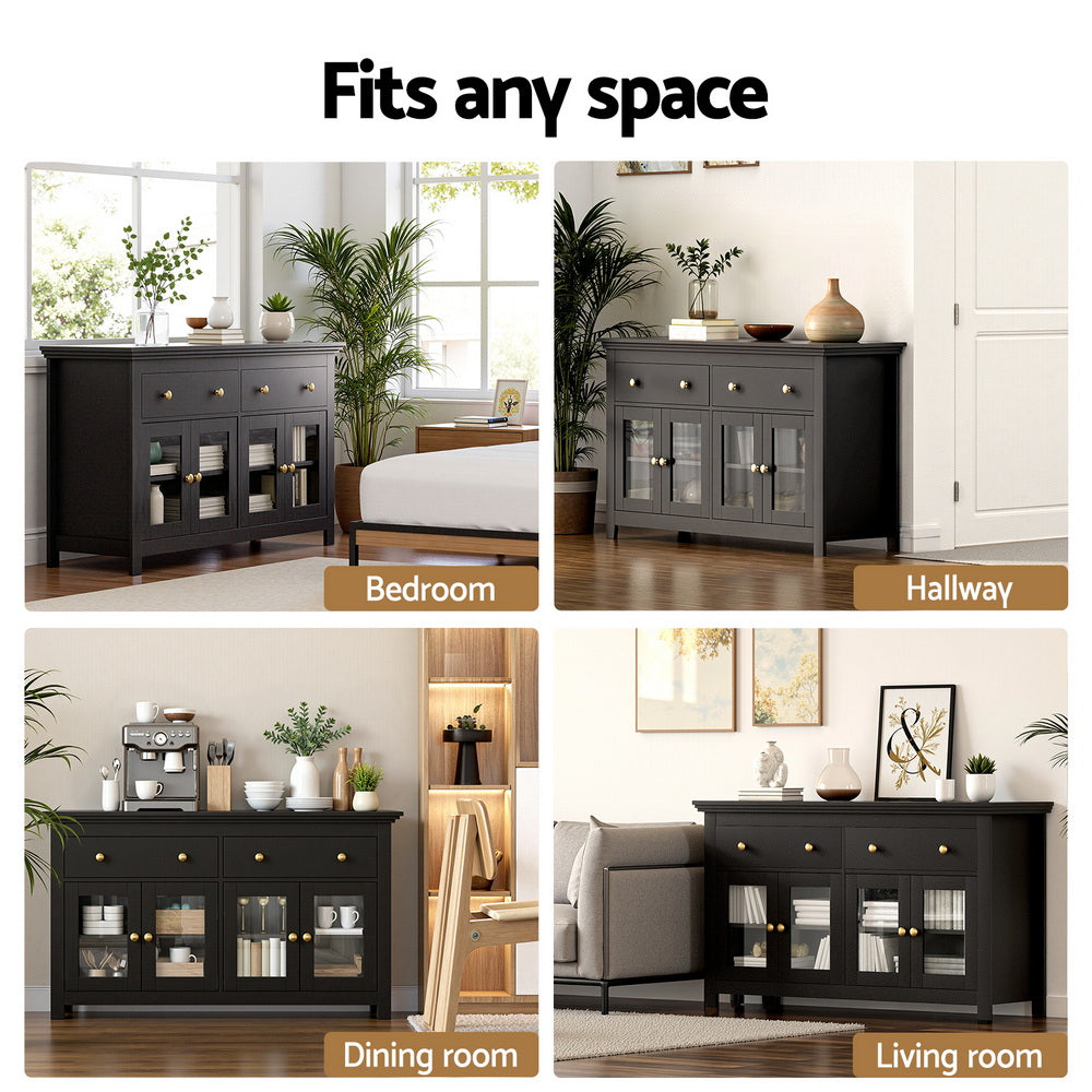 Artiss Buffet Sideboard Storage Cabinet Kitchen Cupboard Clear Door Drawer Black