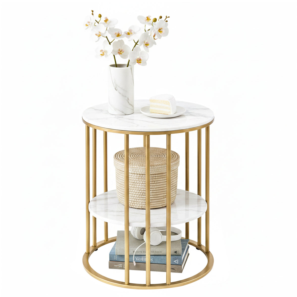 Artiss Coffee Table 2-Tier Round Marble Effect White&Gold