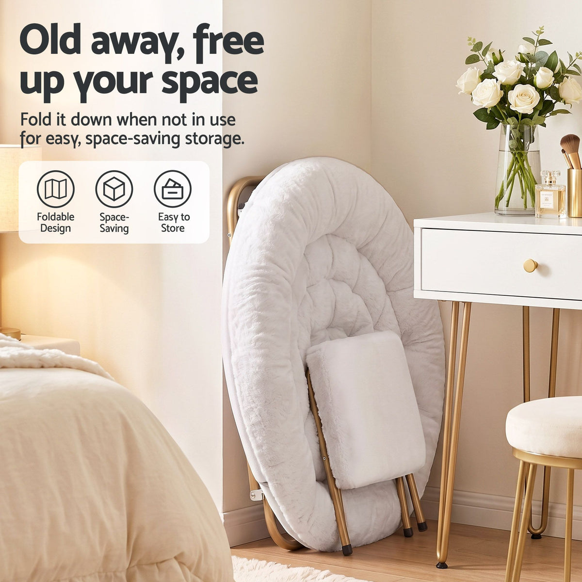 Artiss Comfy Saucer Chair Soft Faux Fur Foldable Accent Chair with Ottoman White