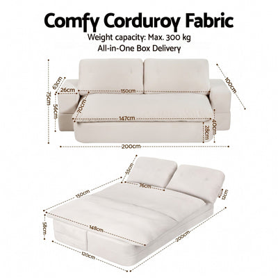 Artiss Convertible Folding Sofa Bed 30D High-Density Foam Boneless Couch with Corduroy Sleeper Couch Lounger for Living Room Beign
