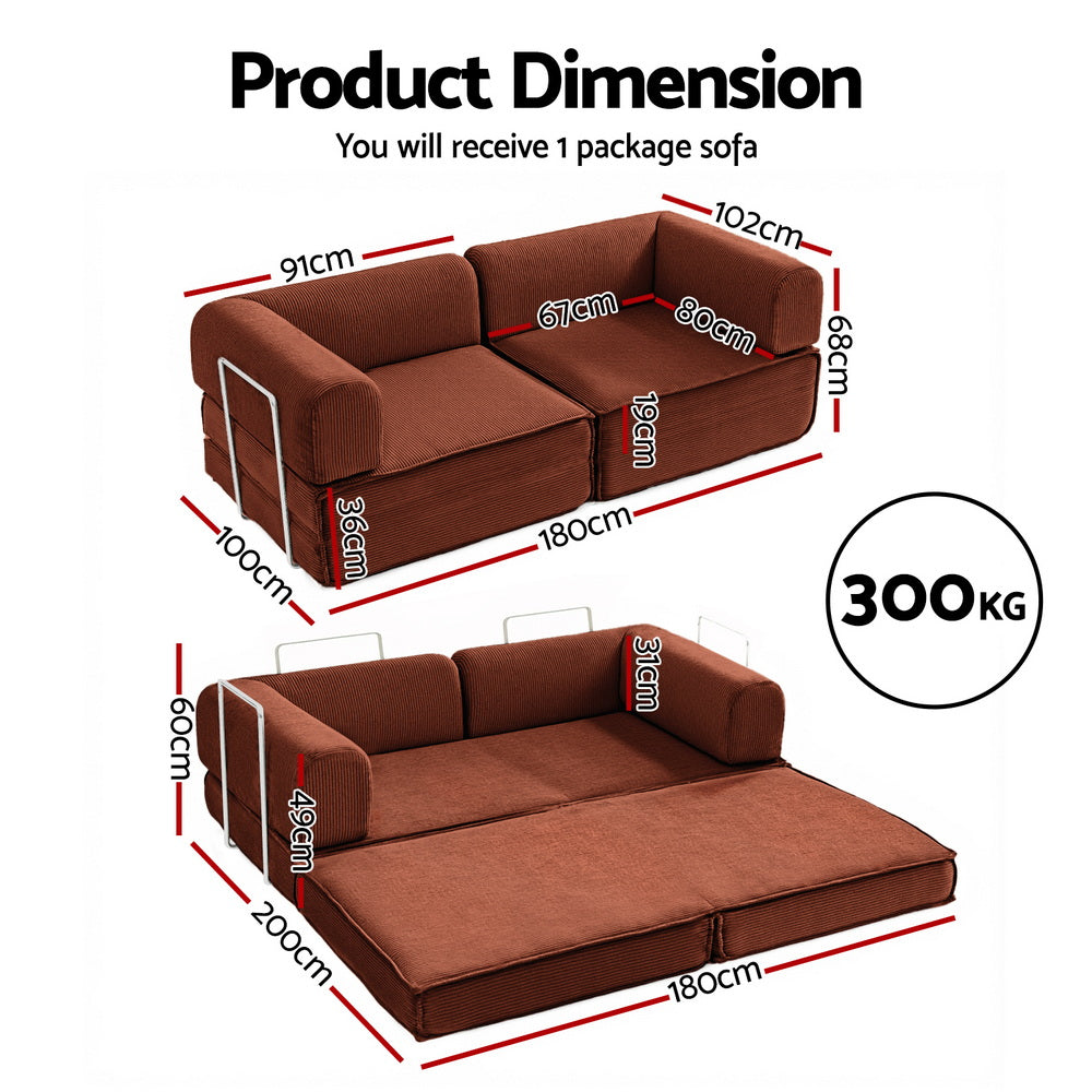 Artiss Convertible Folding Sofa Bed Pull Out Mattress Sleeper Couch Corduroy Orange