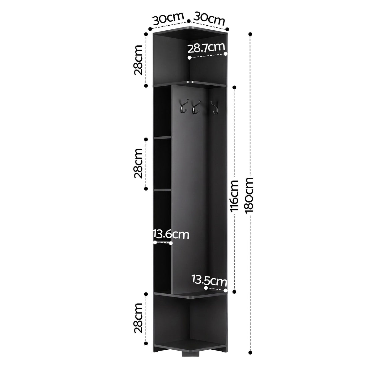 Artiss Corner Bookshelf 6-Tier Shelving with Coat Rack Black