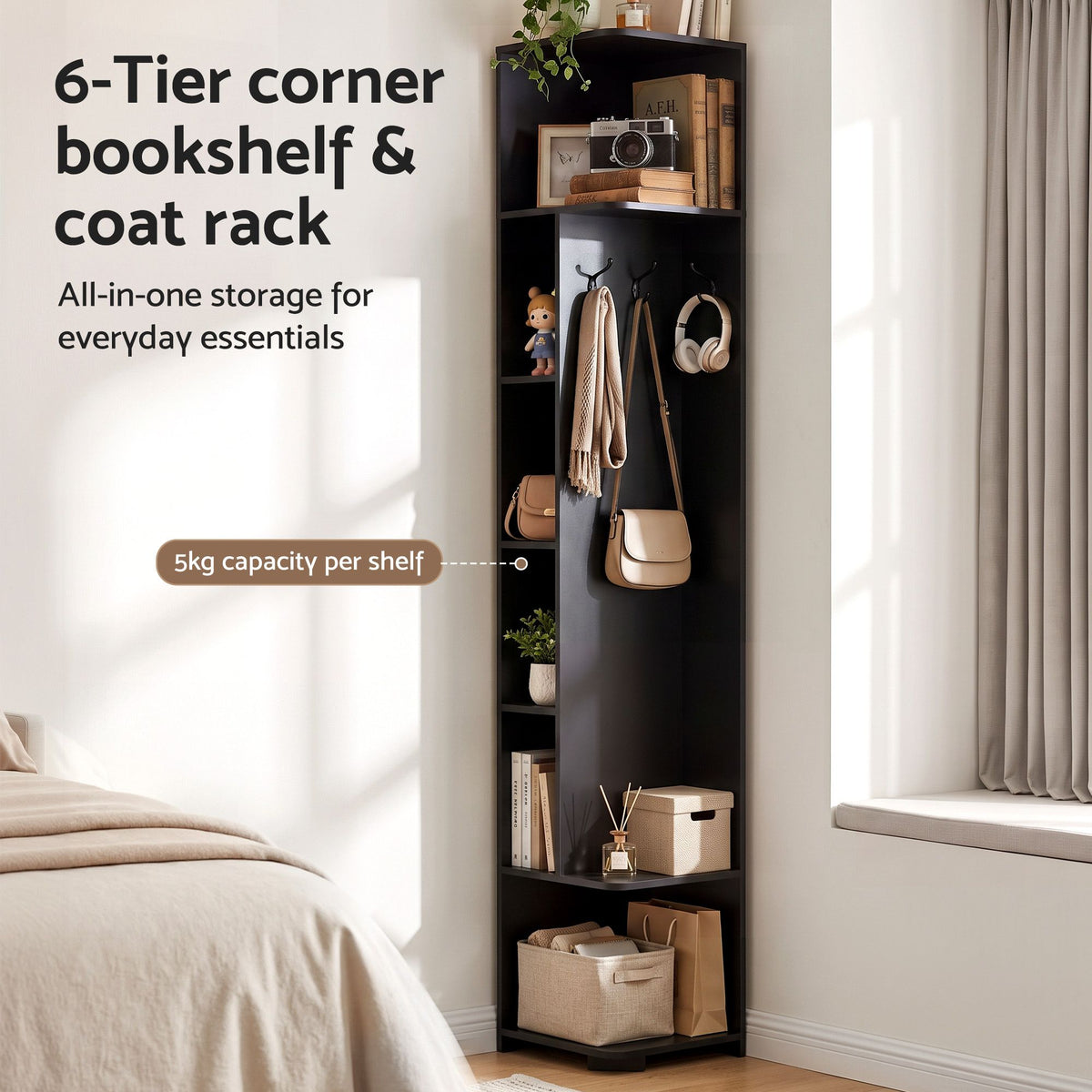 Artiss Corner Bookshelf 6-Tier Shelving with Coat Rack Black