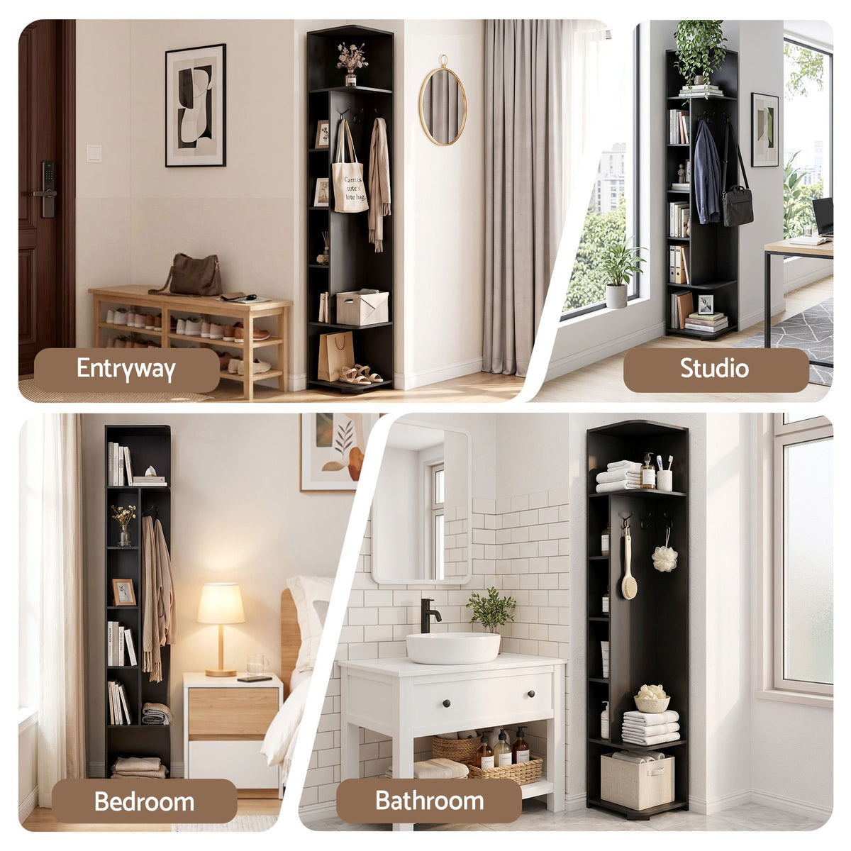 Artiss Corner Bookshelf 6-Tier Shelving with Coat Rack Black