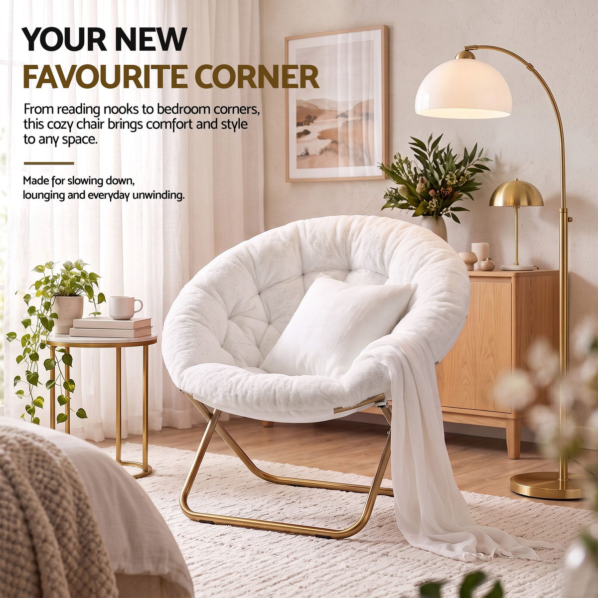 Artiss Cozy Saucer Chair Soft Faux Fur Folding Accent Chair for Bedroom White