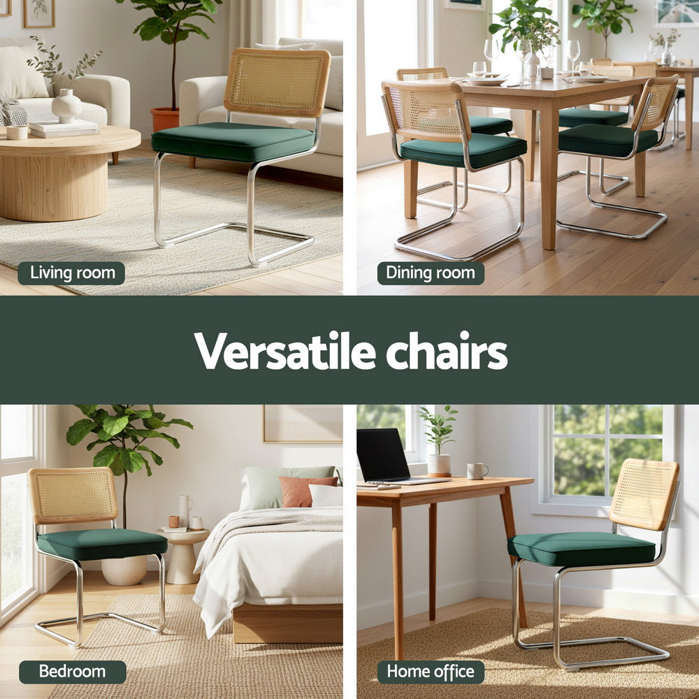 Artiss Dining Chairs Set of 2 Velvet Rattan Cantilever Green