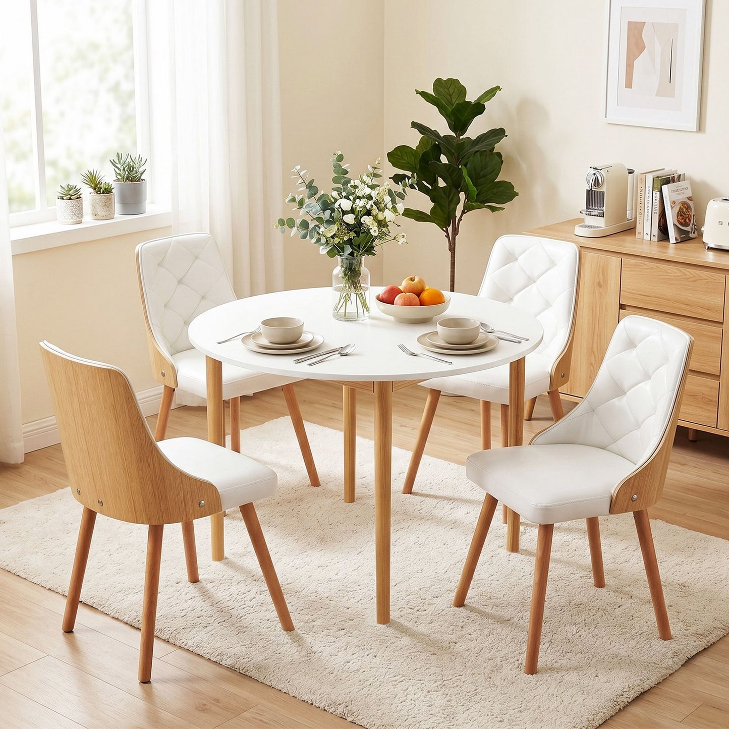 Artiss Dining Table and Chairs Set 5PCS Round 4 PU Leather Seater Dining Set White
